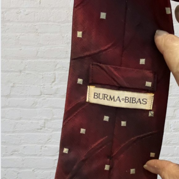 VINTAGE BURMA BIBAS -- 100% Silk Necktie, Maroon with Small White Squares - Picture 3 of 4